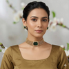 Kundan Mesh Work Center Emerald Stone Pendant Collar Set .