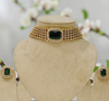 Kundan Mesh Work Center Emerald Stone Pendant Collar Set .